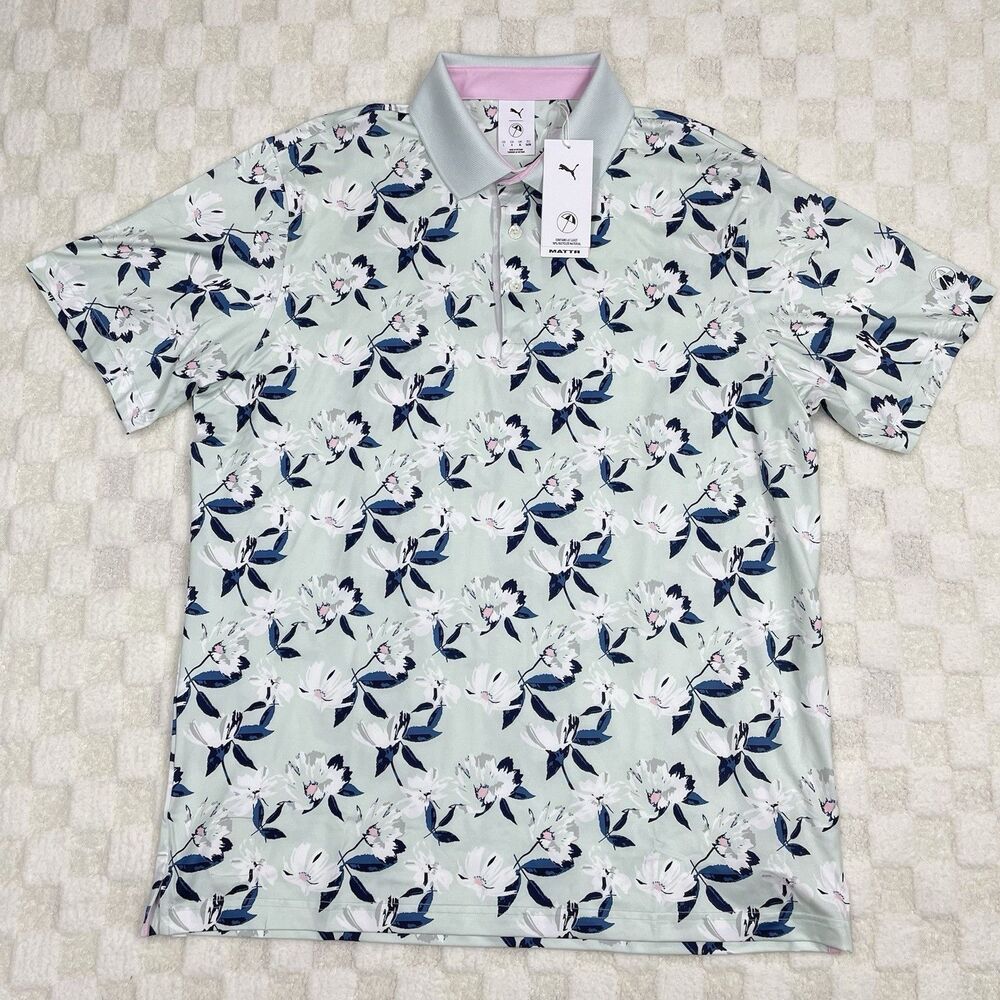 Puma Arnold Palmer MATTR Mens Large Golf Polo Shirt Spring Floral Peaceful Blue